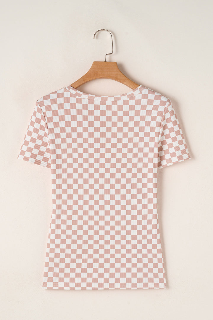 Pink Checkered Ribbed Slim Fit Crew Neck T Shirt