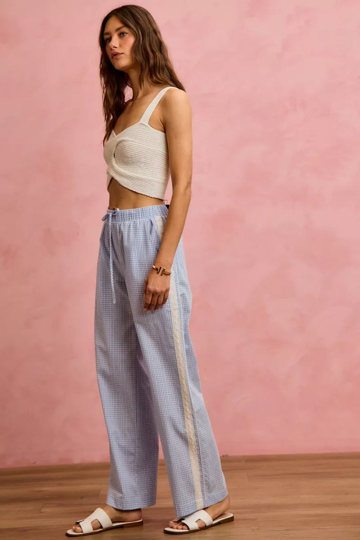 SO ME Wide Check  Pants With Side Lace Trim And Piping
