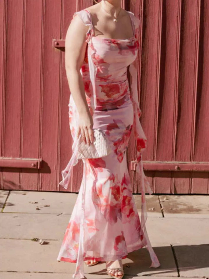 Floral Print Ruffle Trim Bodycon Maxi Dress