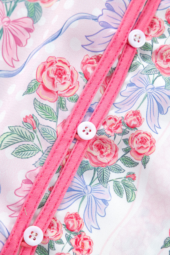 Purple Floral Collared Ruffled Half Sleeve Shirt