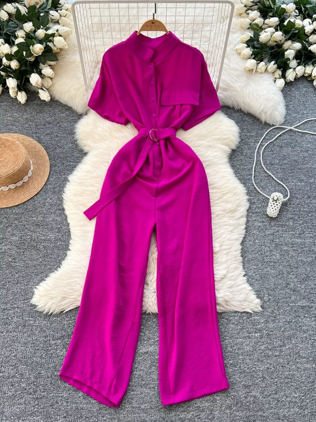 Button Front Wide Leg Jumpsuit