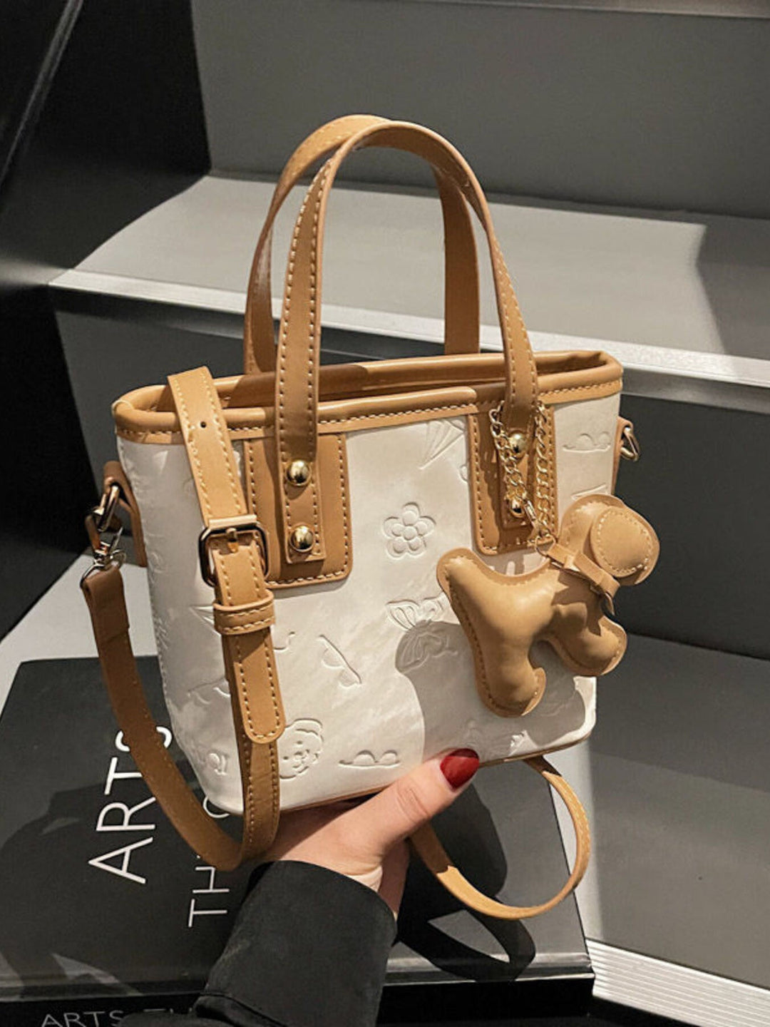 Embossed Pattern Crossbody Bag with Dog Charm