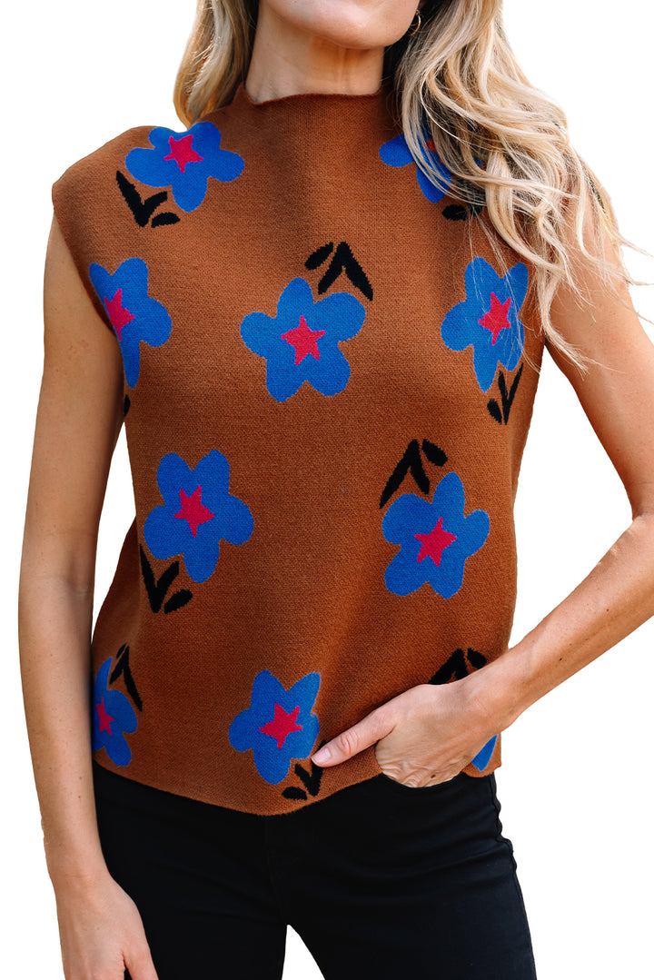 Chestnut Floral High Neck Sweater Vest