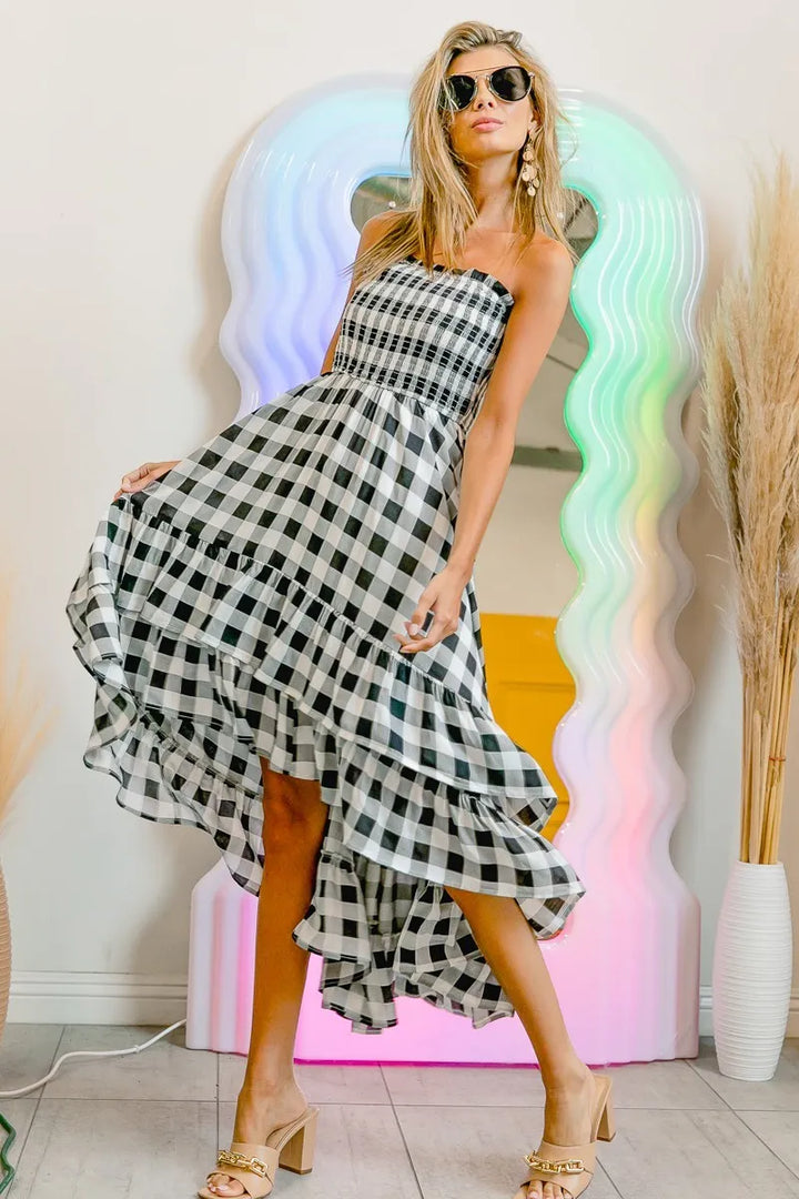 BiBi Smocked Body Off Shoulder Check Dress