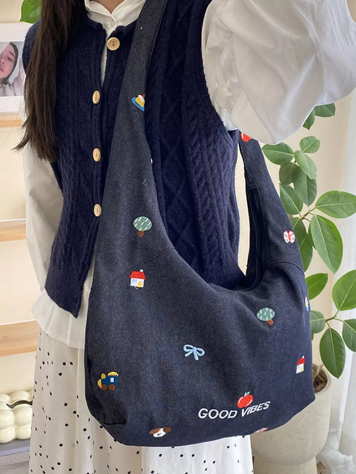 Embroidered Denim Crossbody Bag