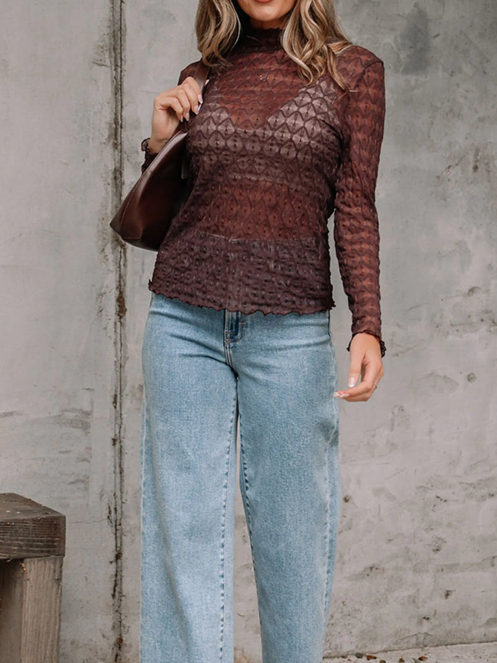 Sheer Mesh Patterned Lettuce Trim Slim Long Sleeve Top