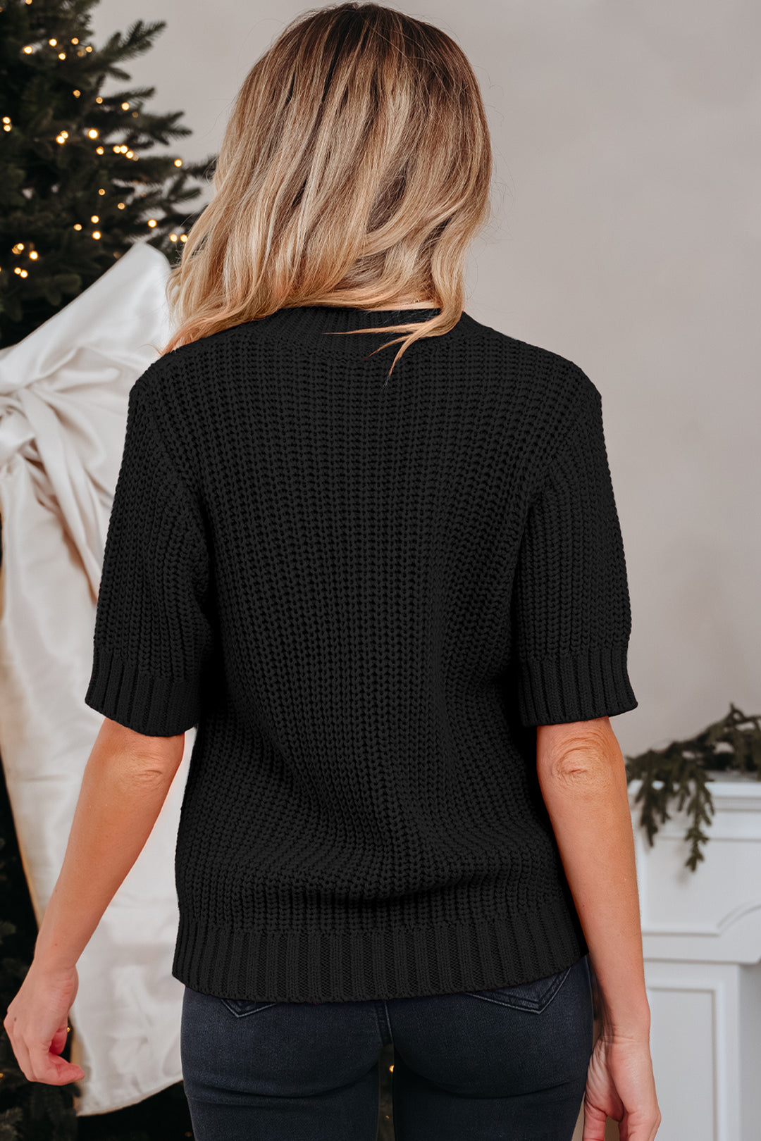 Black Plaid Lace up Detail Christmas Holiday Puff Short Sleeve Sweater