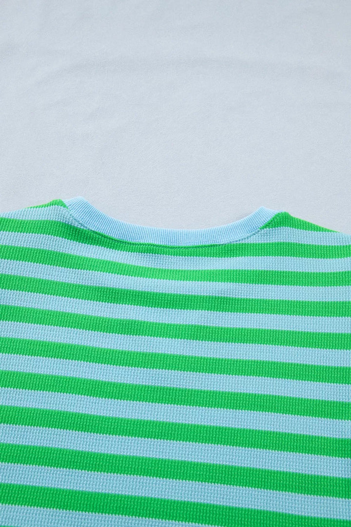 Stripe Colorblock Detail Puff Sleeve Top Drawstring Shorts 2pcs Outfit