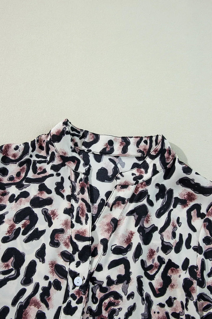 Leopard Print Buttoned Front 3/4 Sleeve Tiered Ruffled Hem Dress