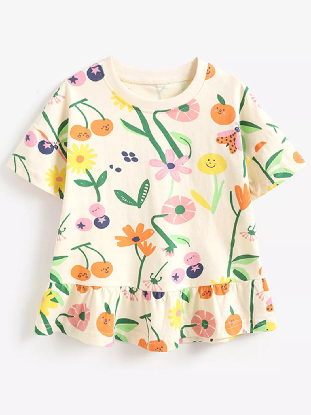Children's Floral & Fruit Print Ruffled Hem T-Shirt