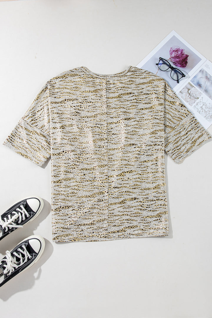 Gray Leopard Print Half Sleeve V Neck Loose Fit T Shirt