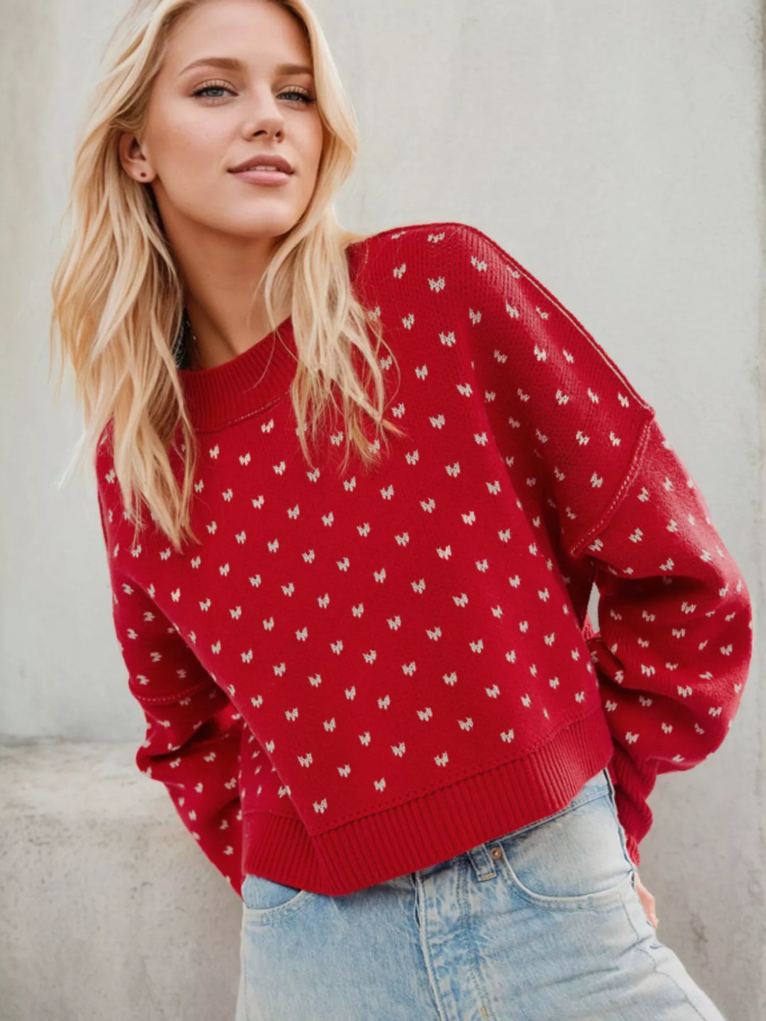 Heart-Patterned Round Neck Sweater