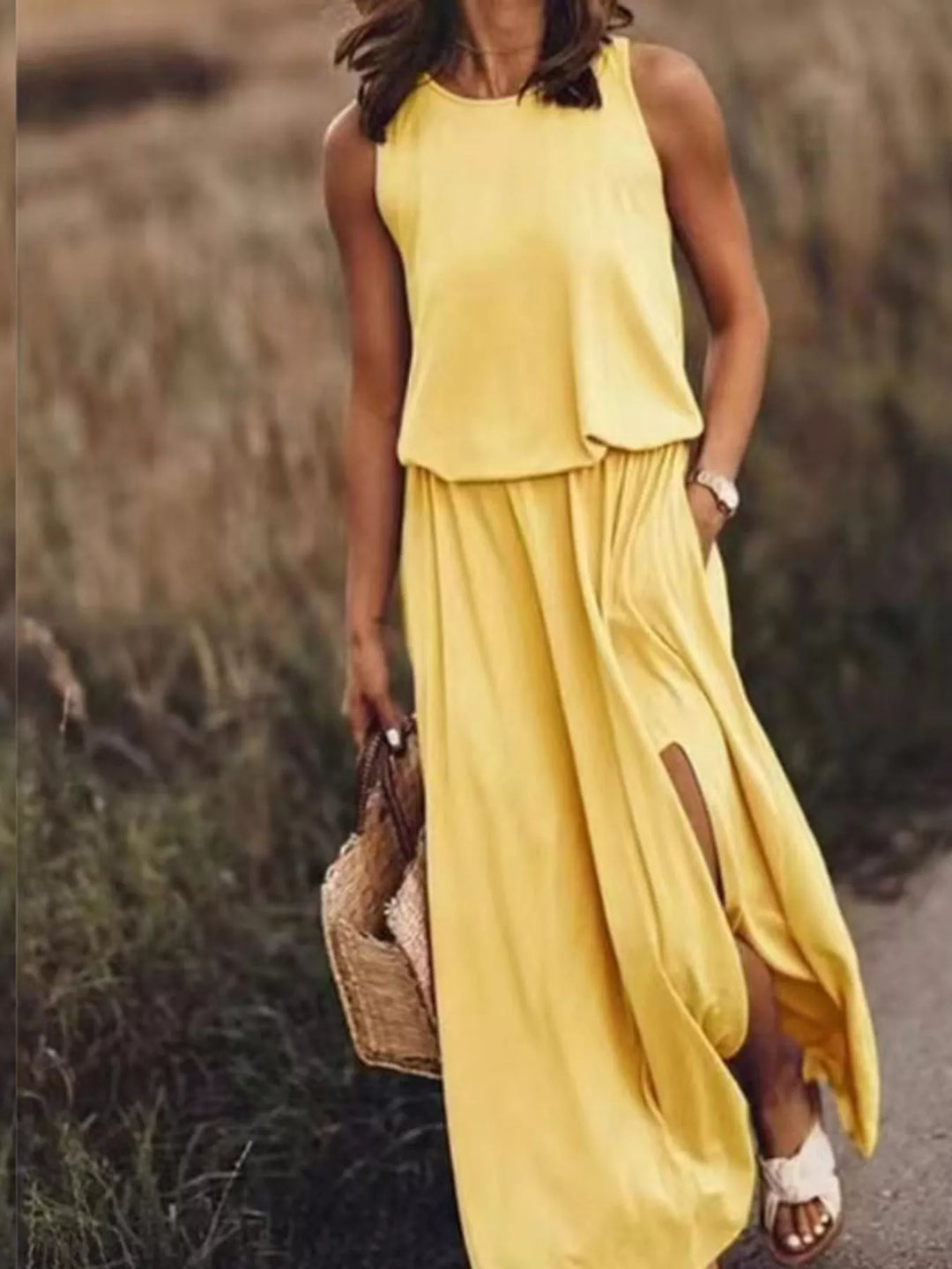 Full Size Round Neck Sleeveless Slit Maxi Dress Plus Size