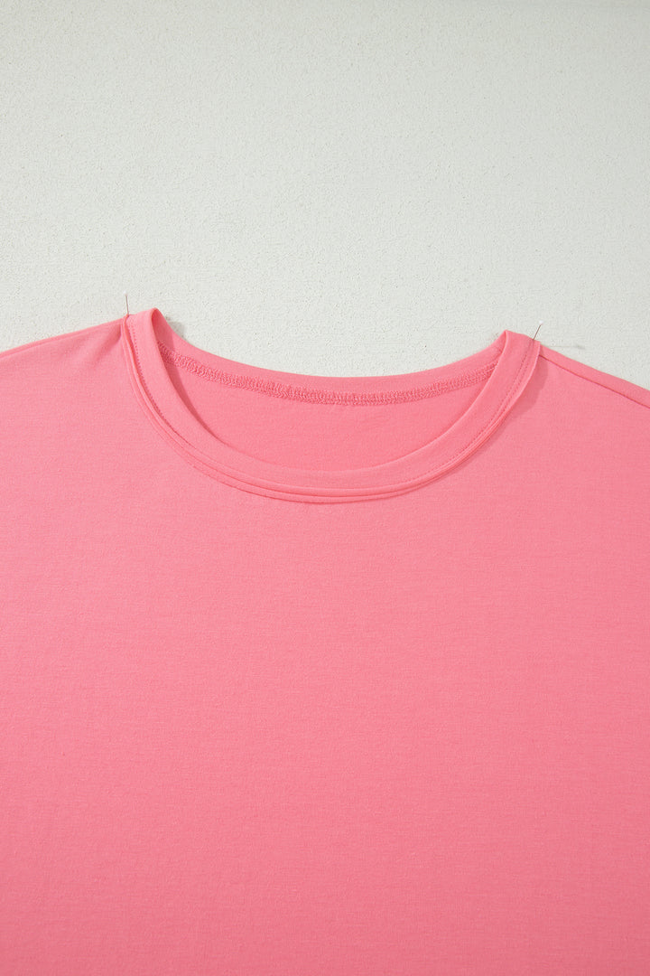 Peach Blossom Solid Color Raw Seam Detail Ruffle Hem Plus Size T Shirt