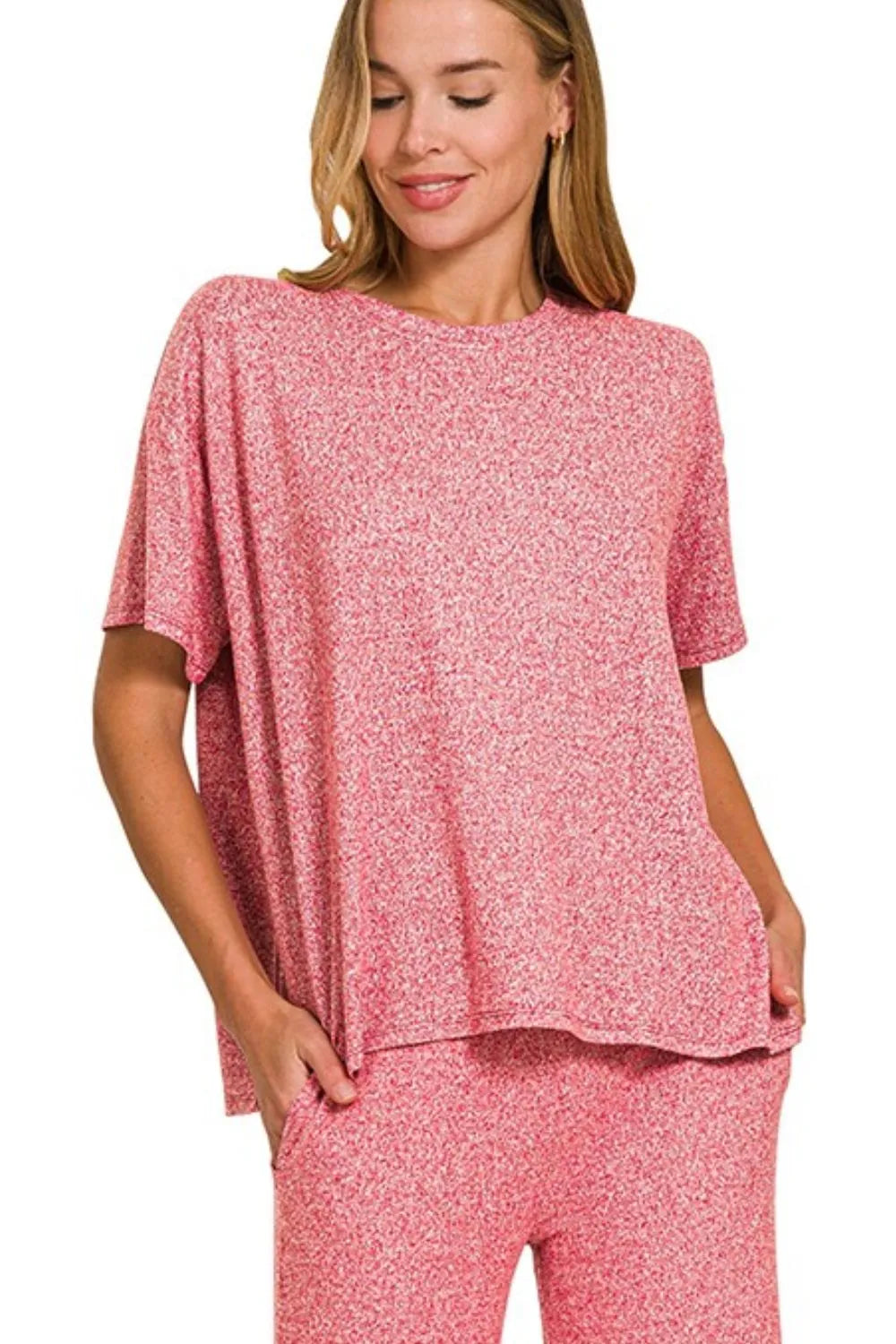 Zenana Soft Melange Short Sleeve Tee & Long Pants Set