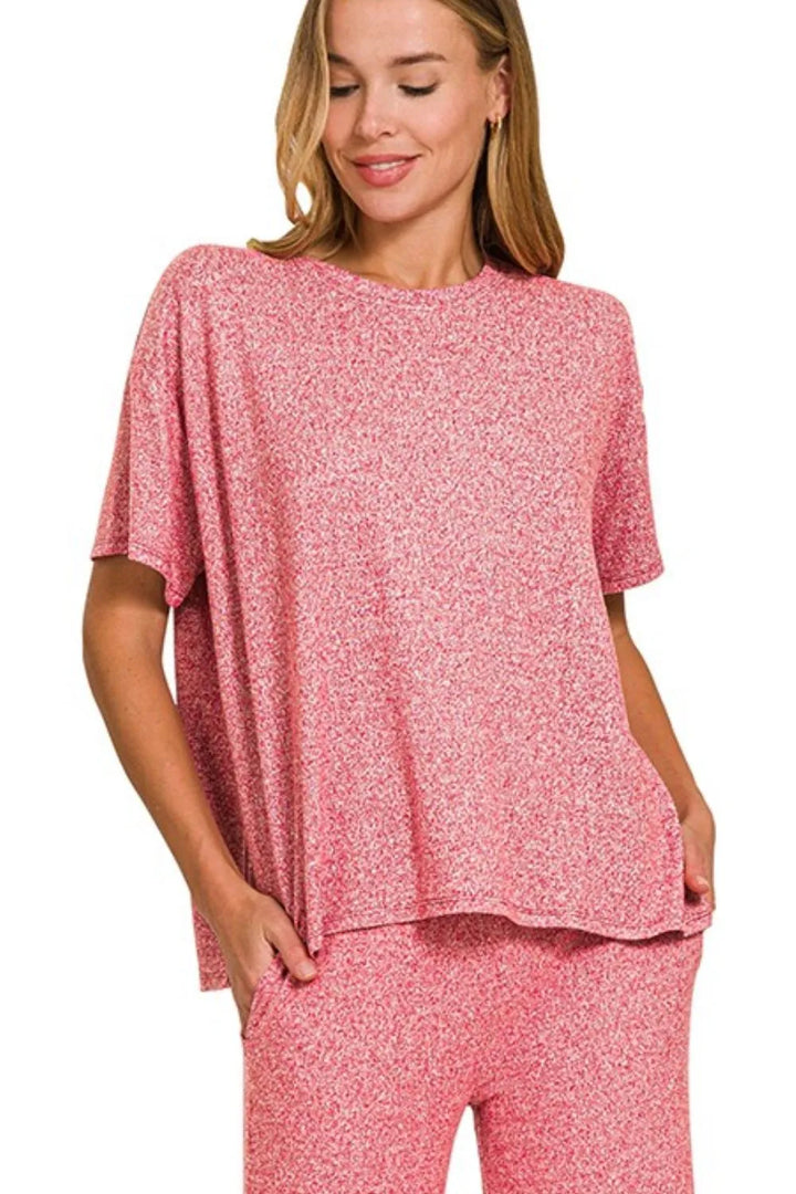 Zenana Soft Melange Short Sleeve Tee & Long Pants Set