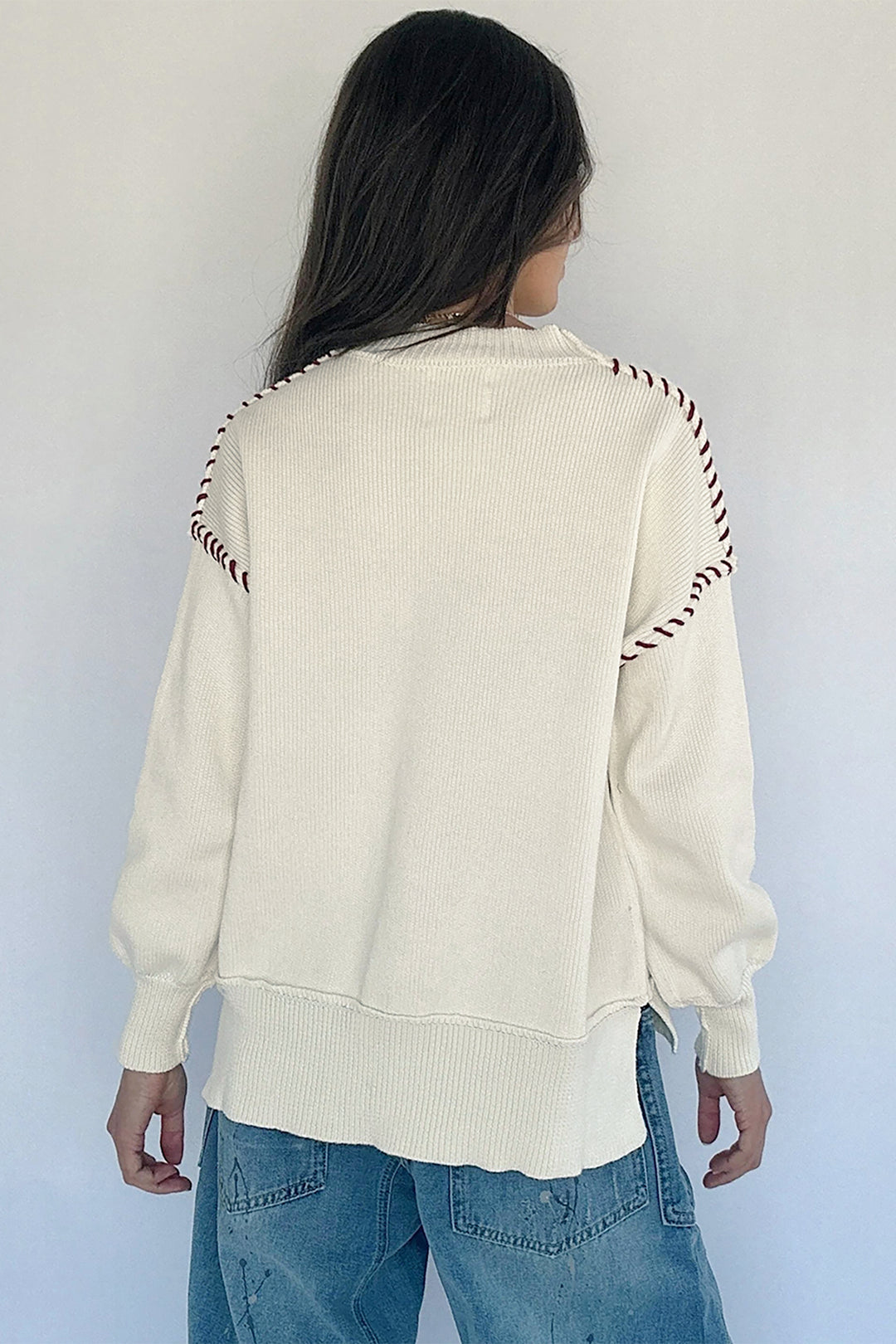 Beige Drop Shoulder Game Day Letter Print Pullover Sweater