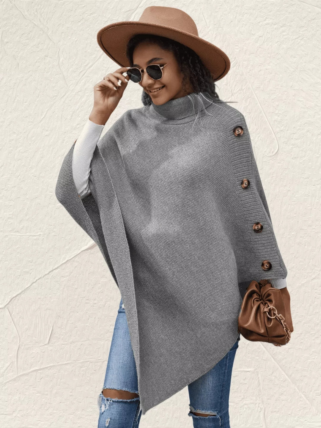 Button-Decor Turtleneck Poncho Pullover