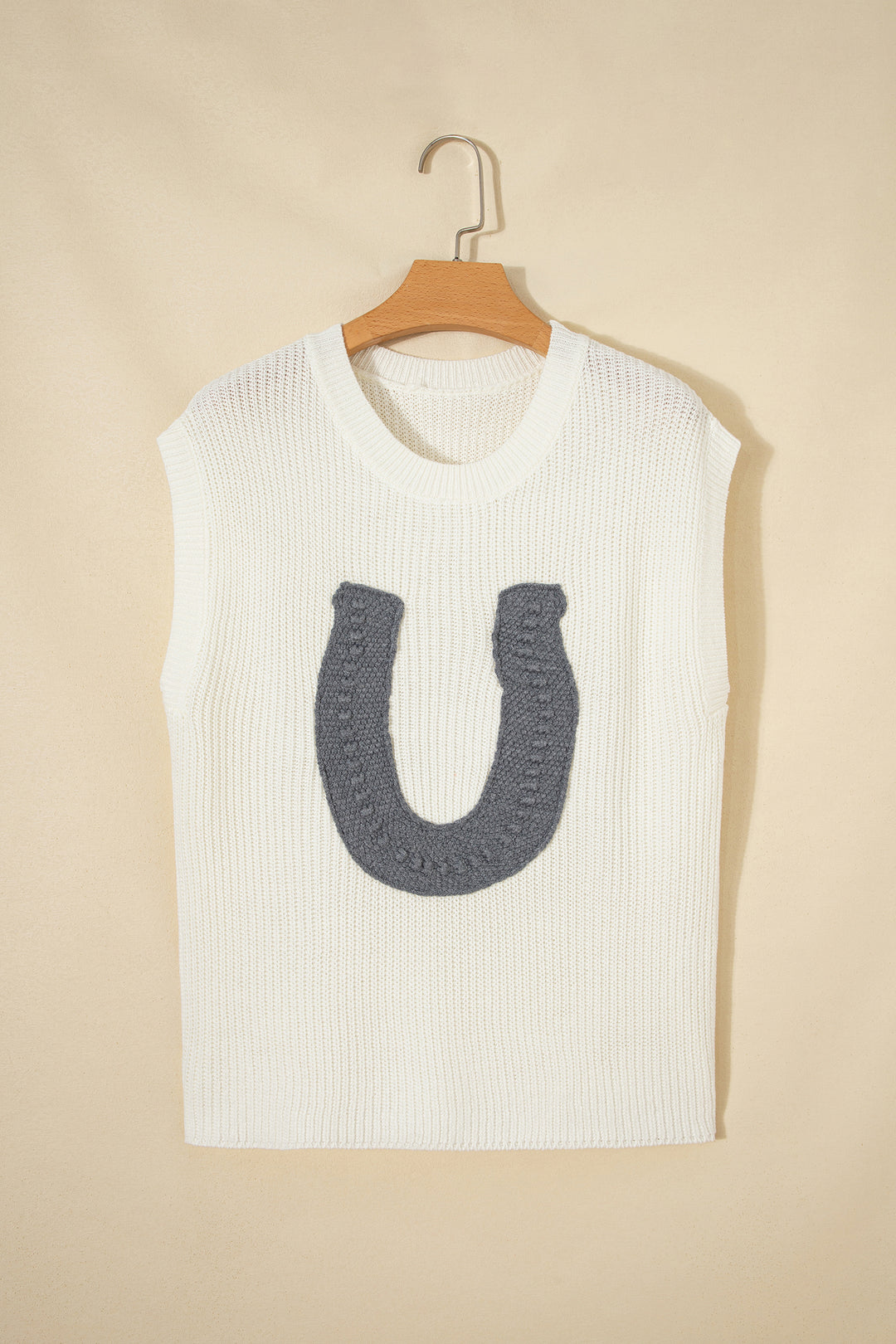 White Crochet Horseshoe Short Sleeve Knit Sweater