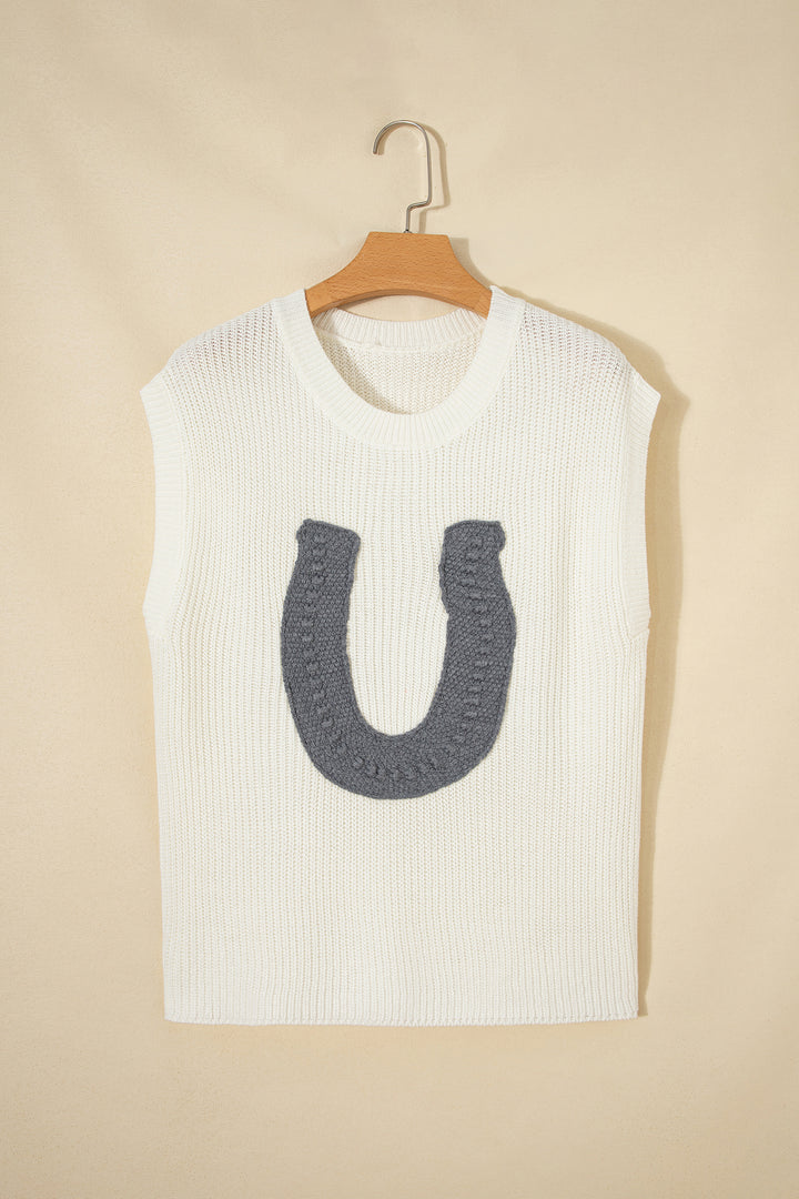 White Crochet Horseshoe Short Sleeve Knit Sweater