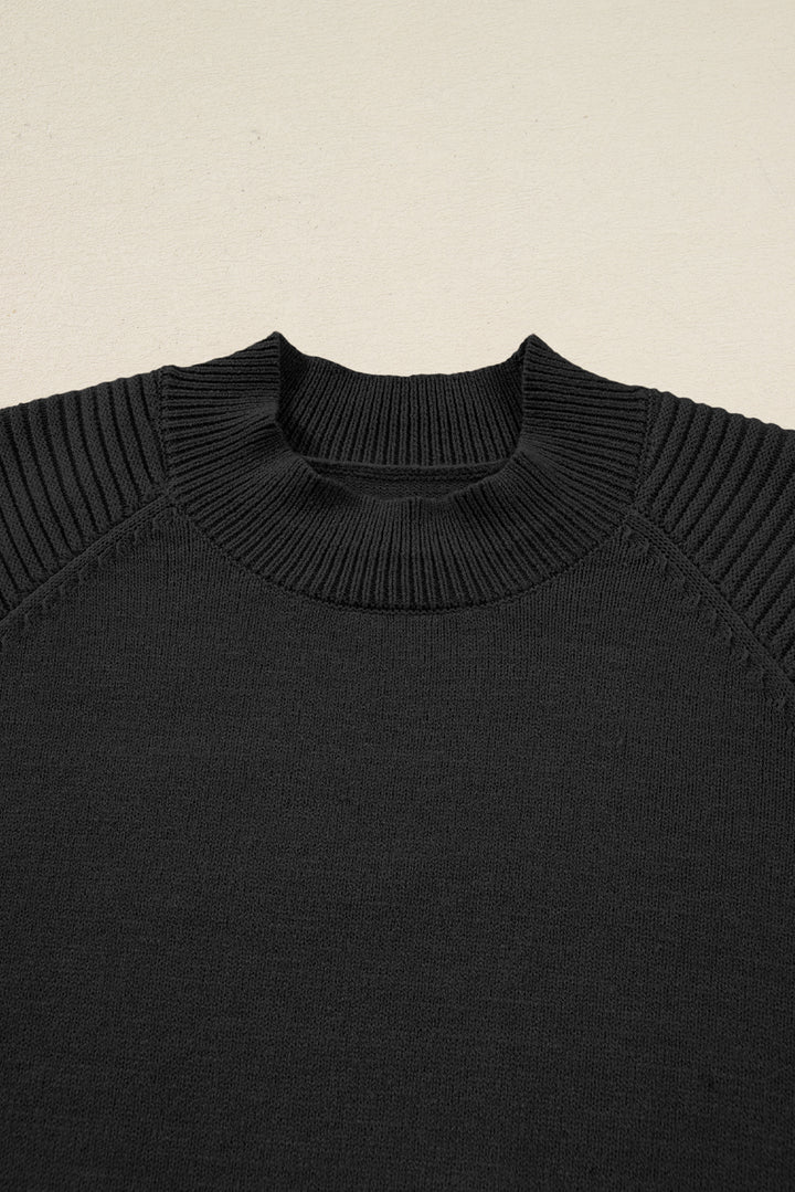 Black High Neck Puff Sleeve Sweater Pleated Mini Skirt 2pcs Knitted Outfit
