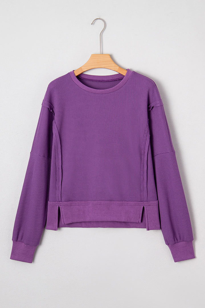 Orchid Mist Solid Color Raw Seam Patchwork Ribbed Drop Shoulder Sweatshirt