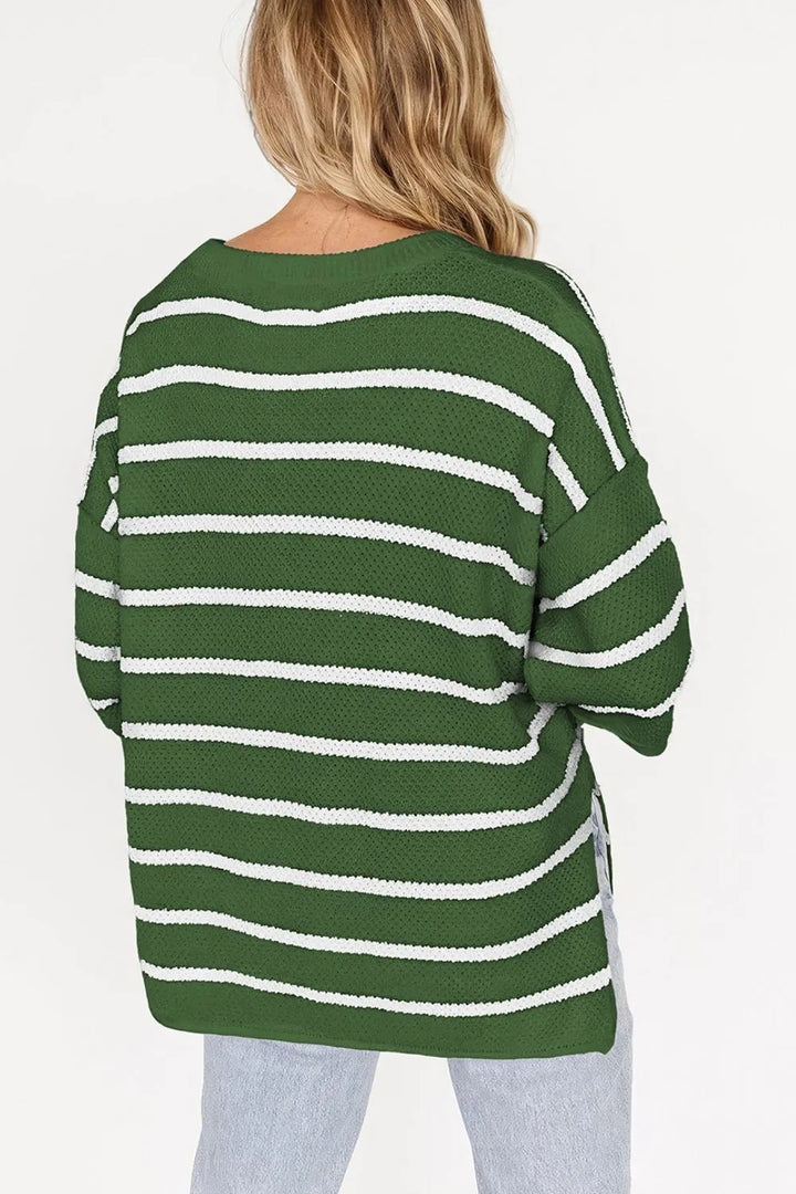 Stripe Drop Shoulder Side Slit Knit Top