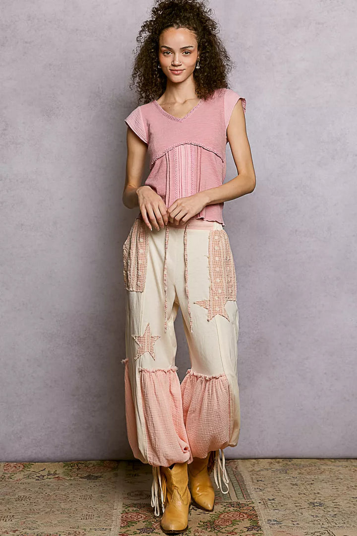 POL V-Neck Lightweight Textured Short Sleeve Knit Top with Lace Trim