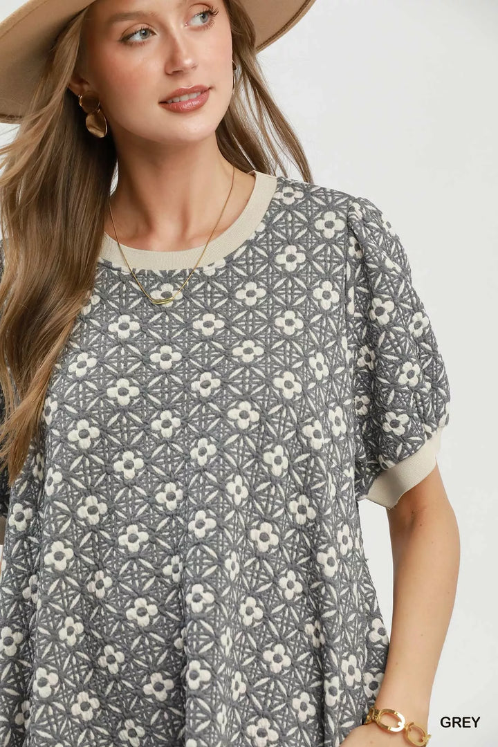 Umgee Floral Textured Puff Sleeve Mini Dress
