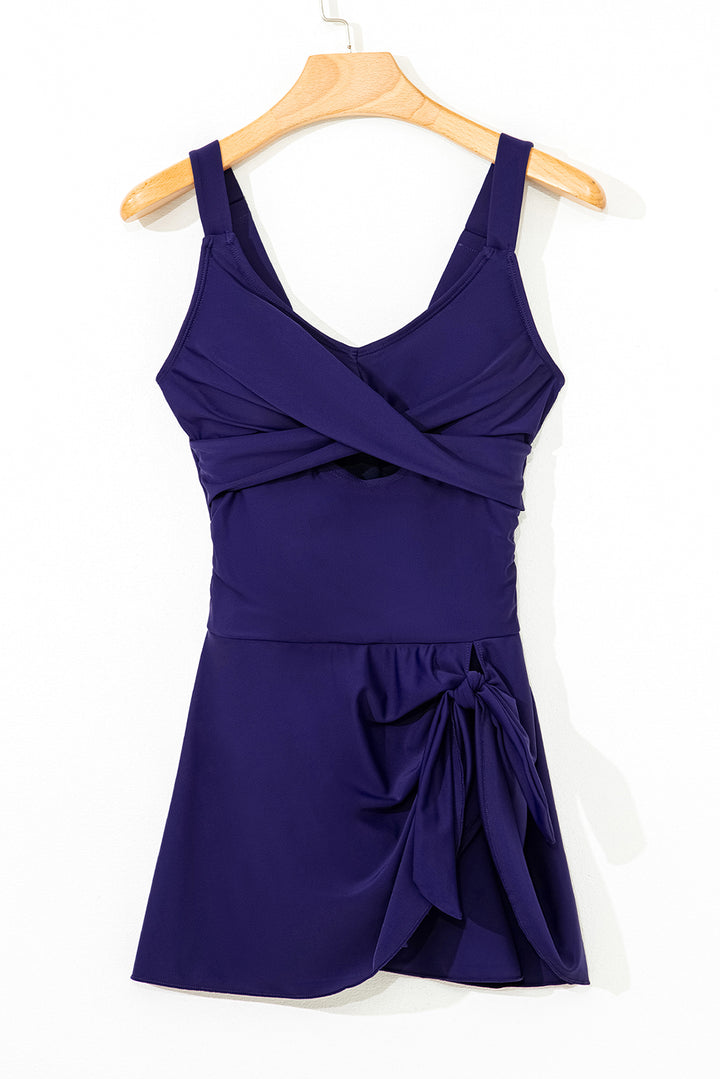 Navy Blue Adjustable Straps Cutout Ruched Knot Slit One Piece Swim Dress