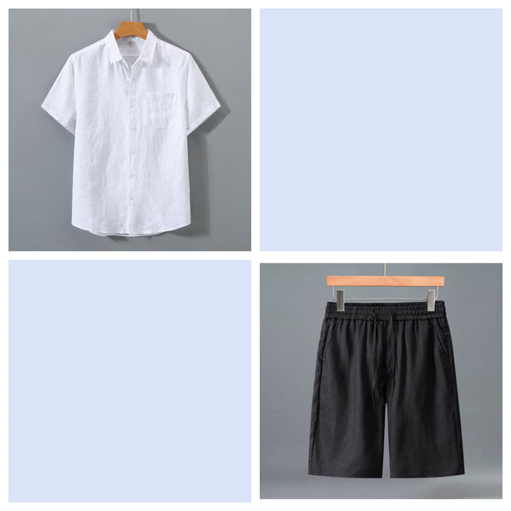 Men's Pure Linen Shorts and Short Sleeve Shirt Set - Summer Loose Casual Lightweight Outfit