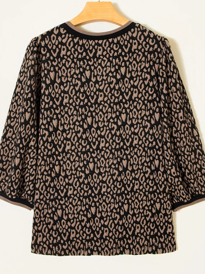 Leopard Print Puffy Bracelet Sleeve Contrast Trim Round Neck Top