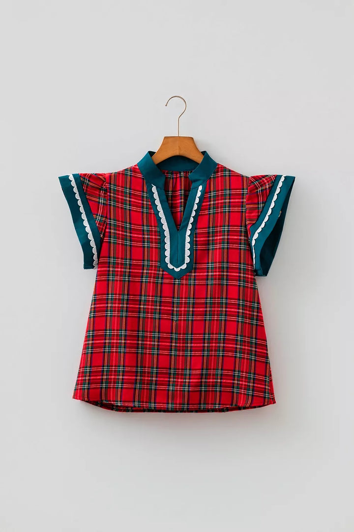 Plaid V Neck Short Sleeve Shift Blouse