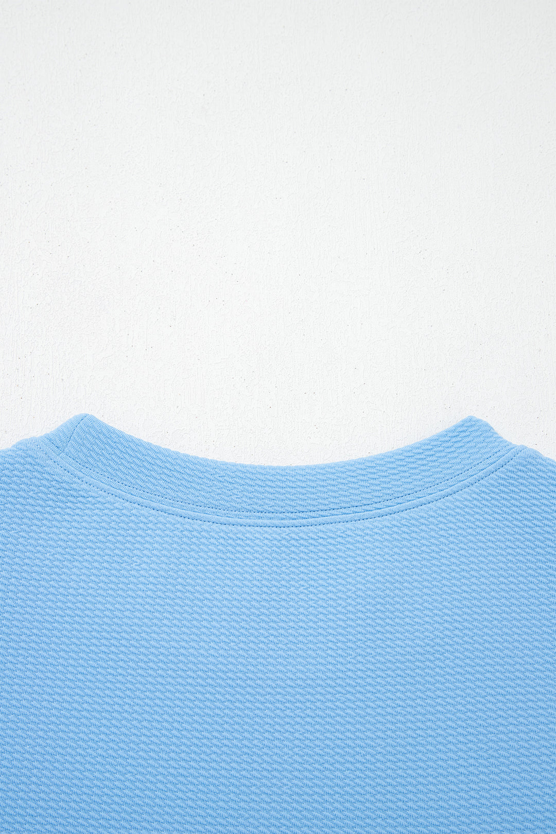 Light Blue Round Neck Textured Contrast Floral Bubble Sleeve Blouse
