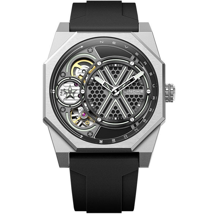 Mens Watch Tonneau-shaped Skeleton Dual-movement Quartz Wristwatch