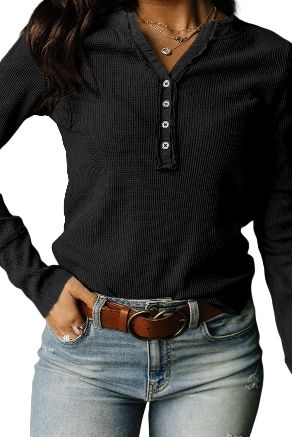 Haut Henley en tricot gaufré à encolure bordée de noir