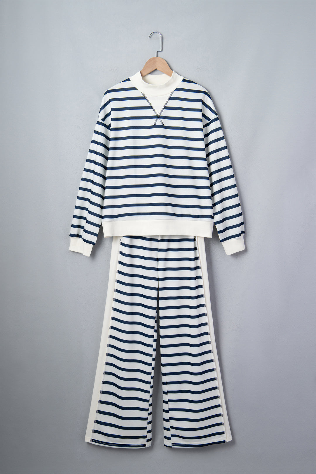Blue Stripe Striped Ribbed Cuff Collar Pocket Loose Pant Set