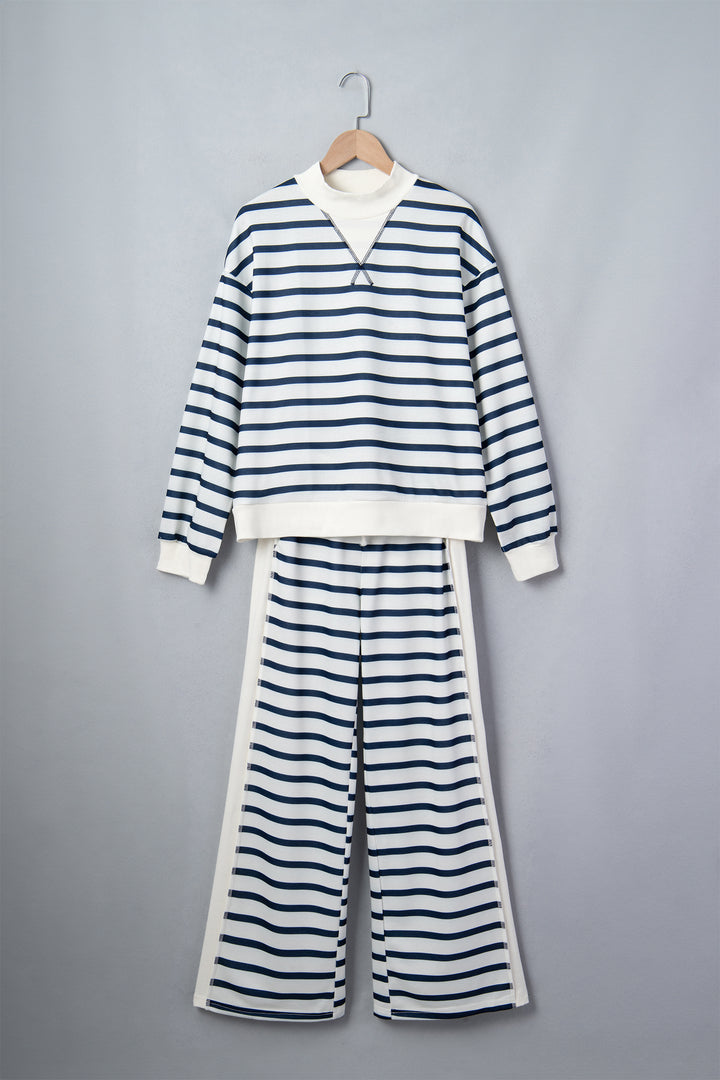 Blue Stripe Striped Ribbed Cuff Collar Pocket Loose Pant Set