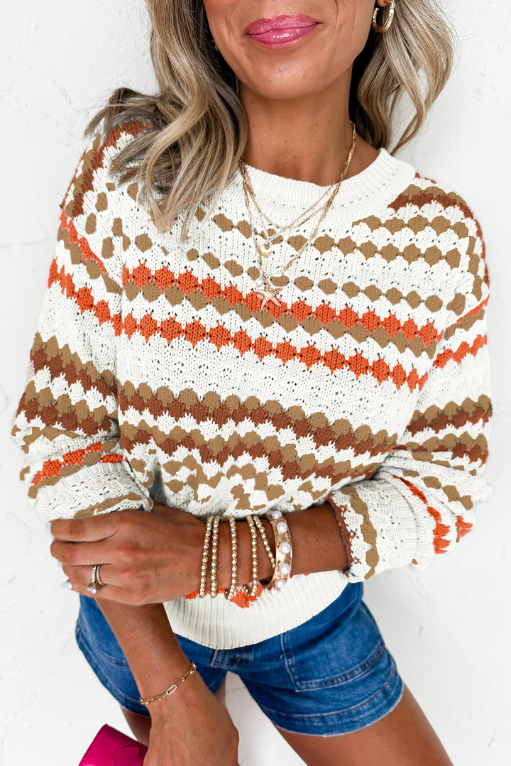 Brown Stripe Eyelet Patterned Drop Shoulder Sweater