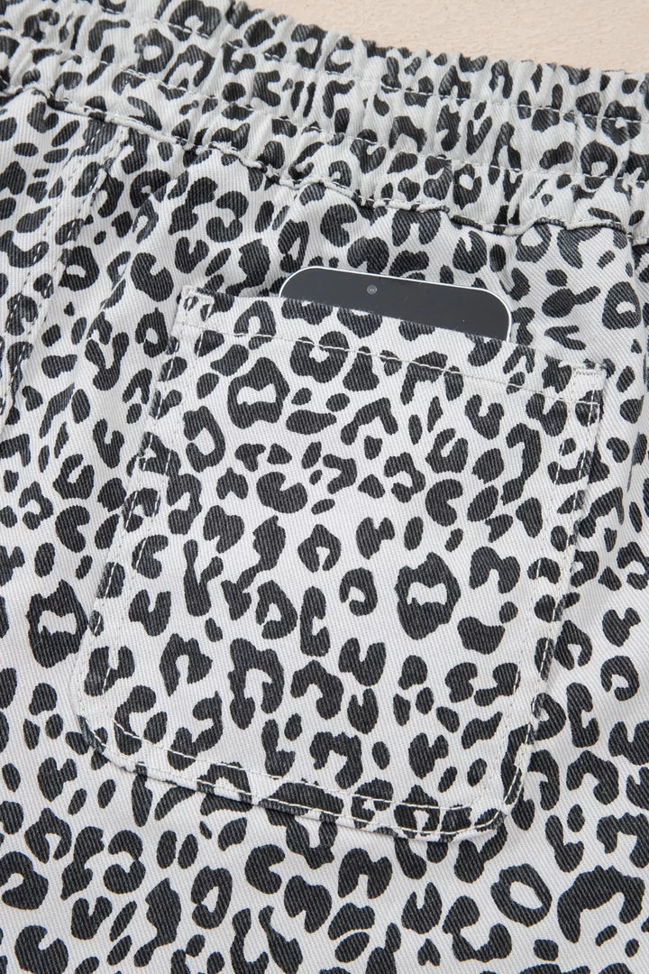 Leopard Print Tassel Drawstring Casual Denim Skort