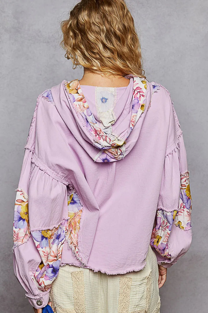 POL Raw Hem Floral Print Cropped Hooded Jacket