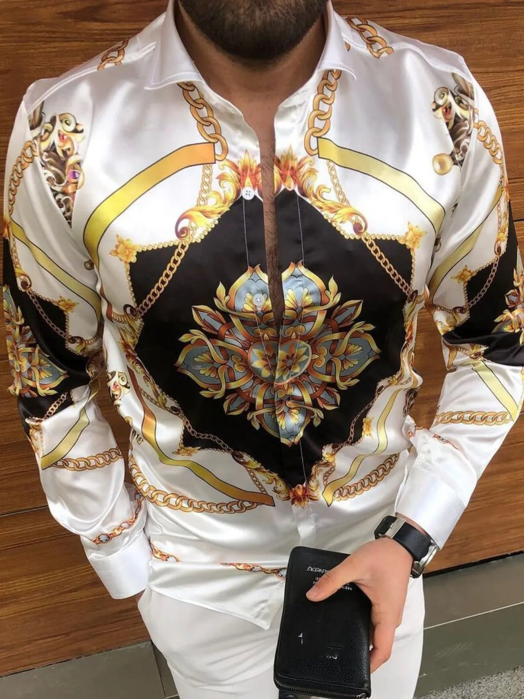 Men's Full Size Printed Collared Neck Long Sleeve Shirt Plus Size