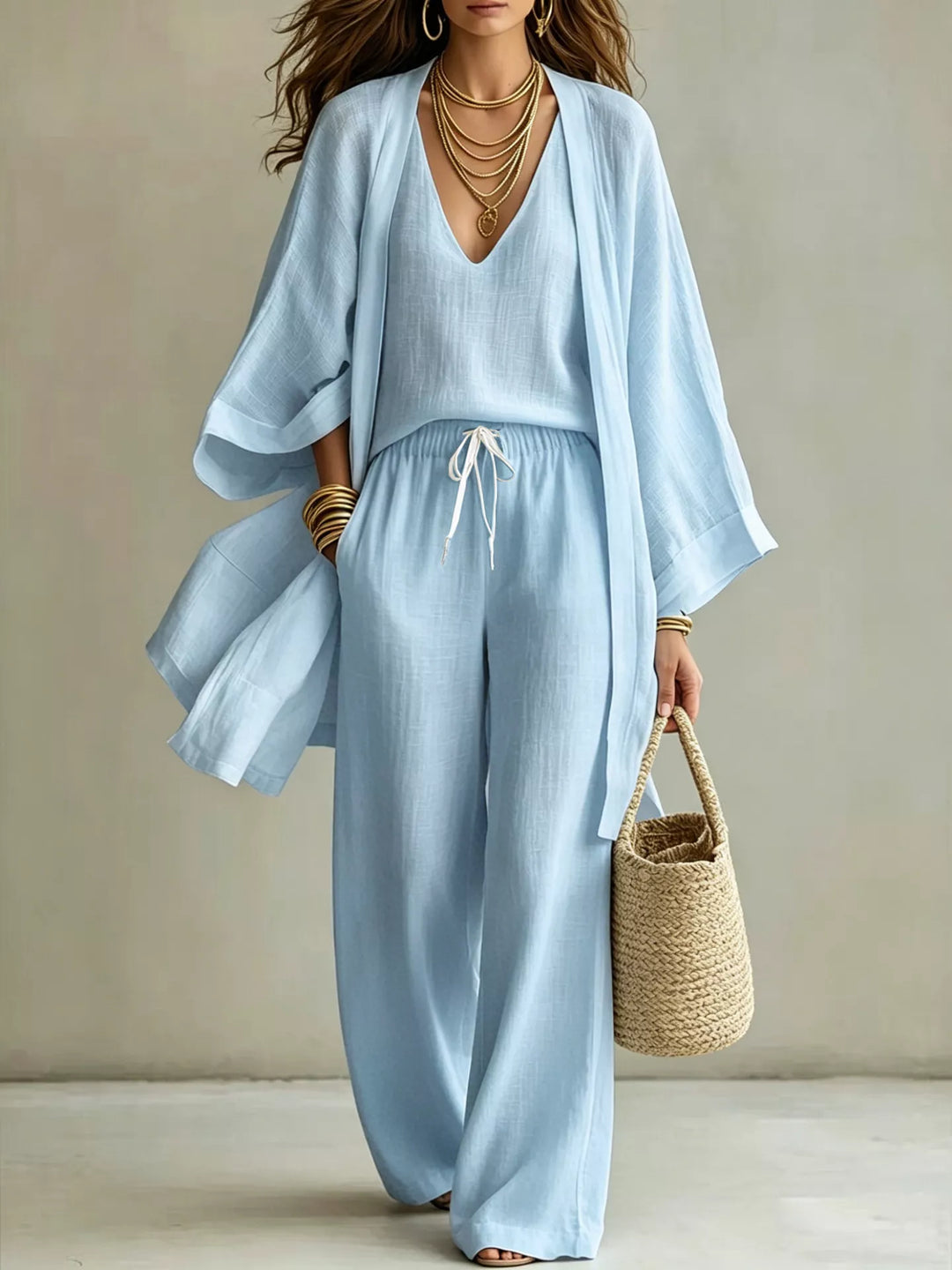 V-Neck Top & Cardigan & Pants Three-Piece Set