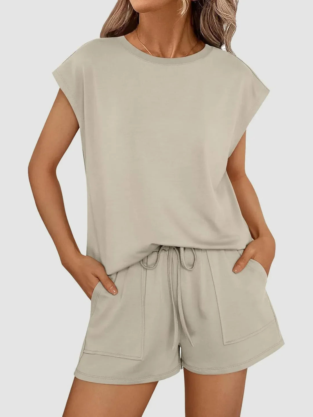 Round Neck Cap Sleeve Top and Shorts Set