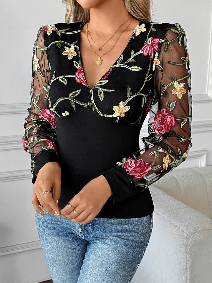 Floral Mesh Sleeve V-Neck Top