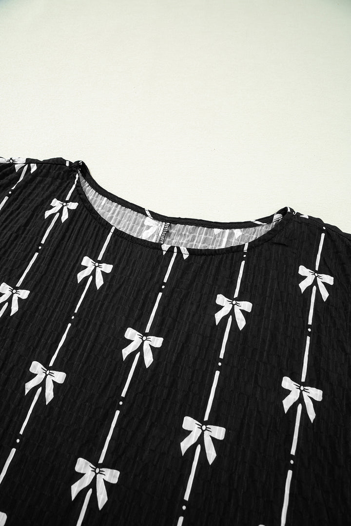 Black Bow Print Puff Short Sleeve Top