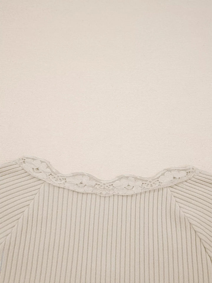 Lace Neckline Button Decor Lettuce Edge Long Sleeve Ribbed Top