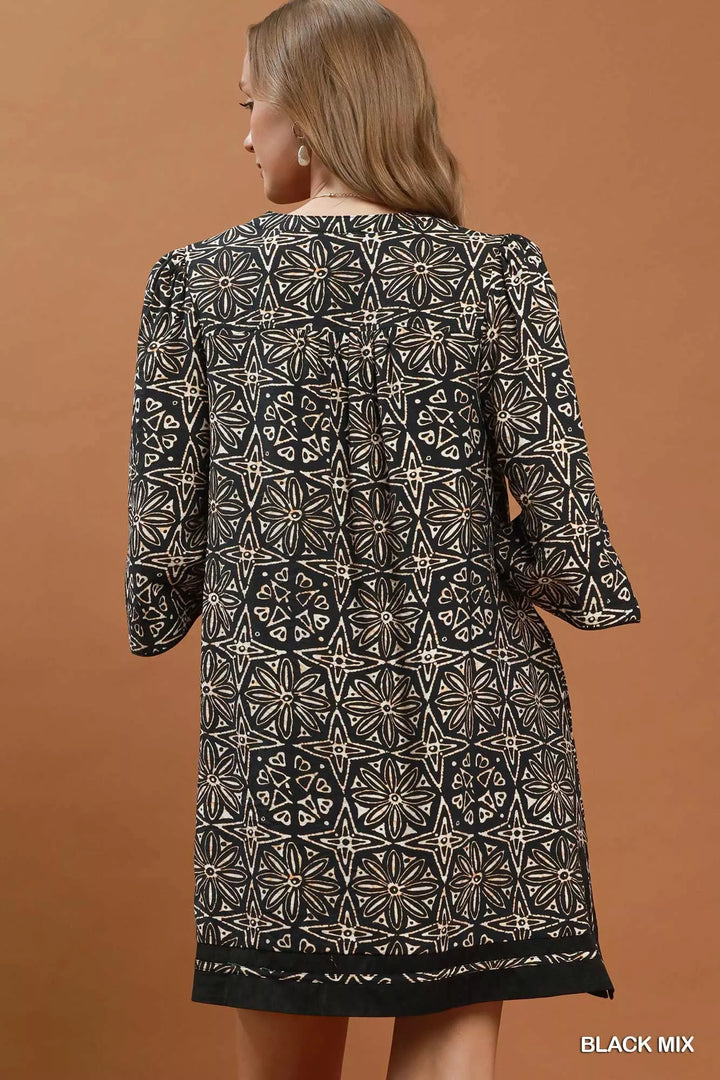 Umgee Mix Geometric Print V-Neck Tassel Detail Tunic Dress