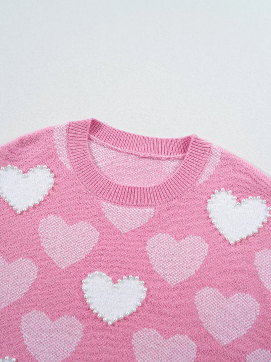 Pearled Heart Print Valentines Crew Neck Sweater