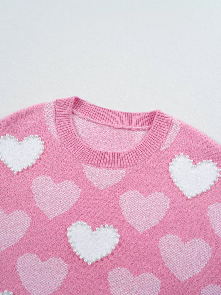 Pearled Heart Print Valentines Crew Neck Sweater